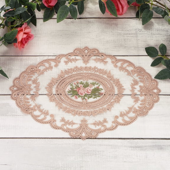 3 Pcs Lace Placemats, 16.5x6.5Inches Vintage Table Doilies Oval Embroidered Crochet Lace Dolly Cup Mat for Table Vase Home Decor, Bean paste