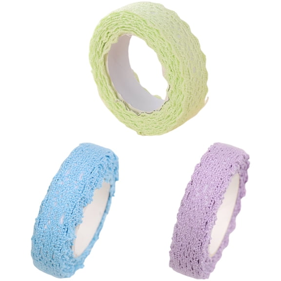 3 Pcs Lace Tape Stickers, Adhesive Lace Tapes, Cotton Fabric DIY Craft Decorative Tapes with Double-Sided Backing for Scrapbooking, Photo Frame, Present Wrapping, Violet Green Blue