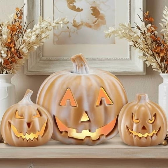 3 Pcs Large Halloween Light up Pumpkin Fall Home Decorations Plastic Terracotta Pumpkins 5''- 9'' Jack O' Lantern Outdoor Indoor Battery Operated Lighted Pumpkin with Spooky Face