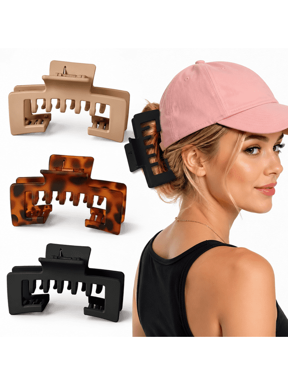 3 Pcs Large Hat Claw Clips for Women, Non-Slip Strong Hold Hat Hair Clips for Baseball Cap & Hats, Tortoise Shell Adjustable Clips Fit Thick Thin Hair - Fashion Accessories Gift