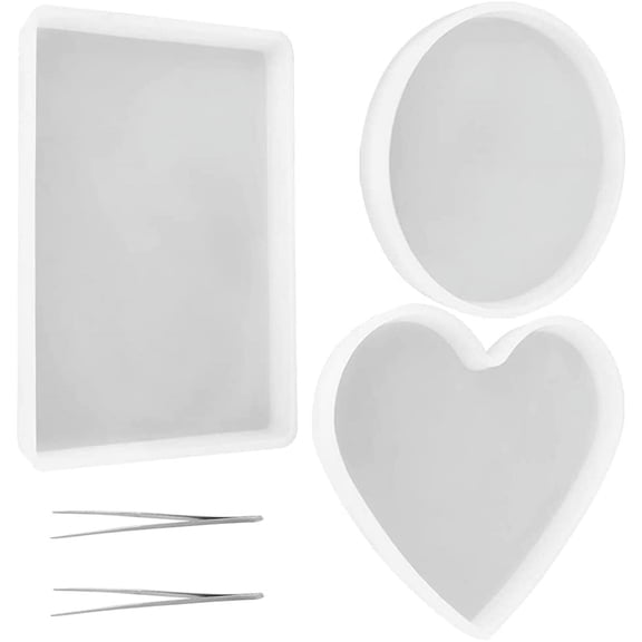 3 Pcs Large Resin Mold with 2 Tweezers, SourceTon Silicone Molds, Include Round, Rectangle, Heart Shaped Coaster Mold for DIY Decorative Mold