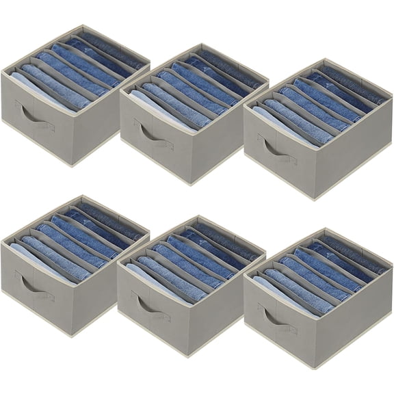 3 Pcs Large Size Wardrobe Clothes Organizers 6 Grids for Pants, Jeans, Sweater, T-shirt, Thin Coat, Dress Stackable Closet Drawer Organizer Storage Bin Container with Sturdy Handles, Grey