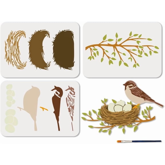 3 Pcs Layered Bird Stencil Reusable Birds' Nest and Eggs Stencils for Painting 8.3×11.7 Inch Branch Drawing Templates with Paint Brush for Wall Floor Wood Paper Decoration