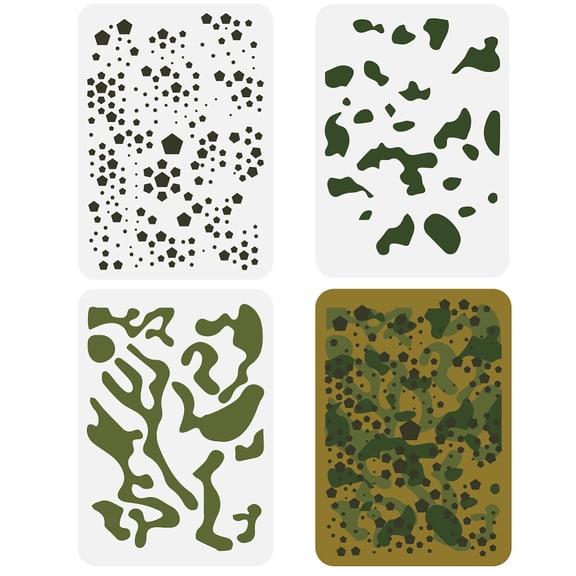 3 Pcs Layered Camo Painting Stencil Set - 11.7x8.3inch Pentagon Camouflage & Common Camo Pattern Reusable Plastic Stencil