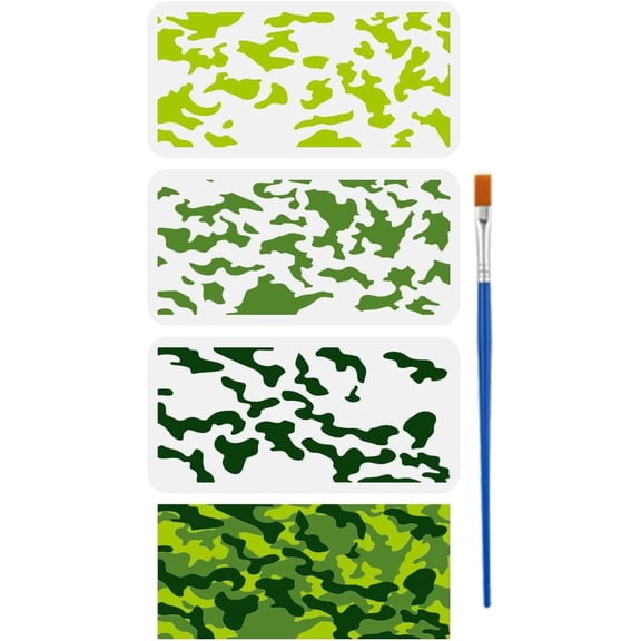 3 Pcs Layered Camouflage Stencil with A Paint Brush 11.8x5.9inch Camouflage Painting Template Irregular Geometric Blocks Camo Theme Stencil for Painting on Wood Wall Fabric Furniture