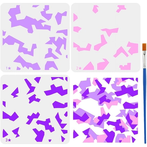 3 Pcs Layered Camouflage Stencil with A Paint Brush 11.8x11.8inch Irregular Geometric Blocks Pattern Painting Template Camo Theme Stencil for DIY Making