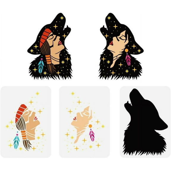 3 Pcs Layered Wolf Human Stencil 11.7x8.3inch Reusable Native Indian Painting Stencil Decorative Stars Character Theme for Painting on Wall Wood Fabric Floor Furniture for DIY