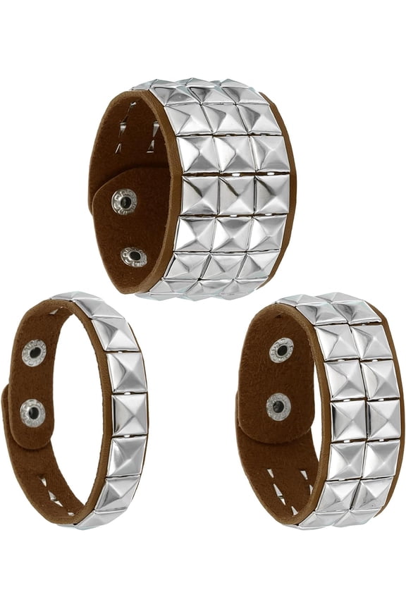 3 Pcs Leather Punk Bracelet 8.7"/22cm Square Rivets Goth Bracelet, Dark Brown -