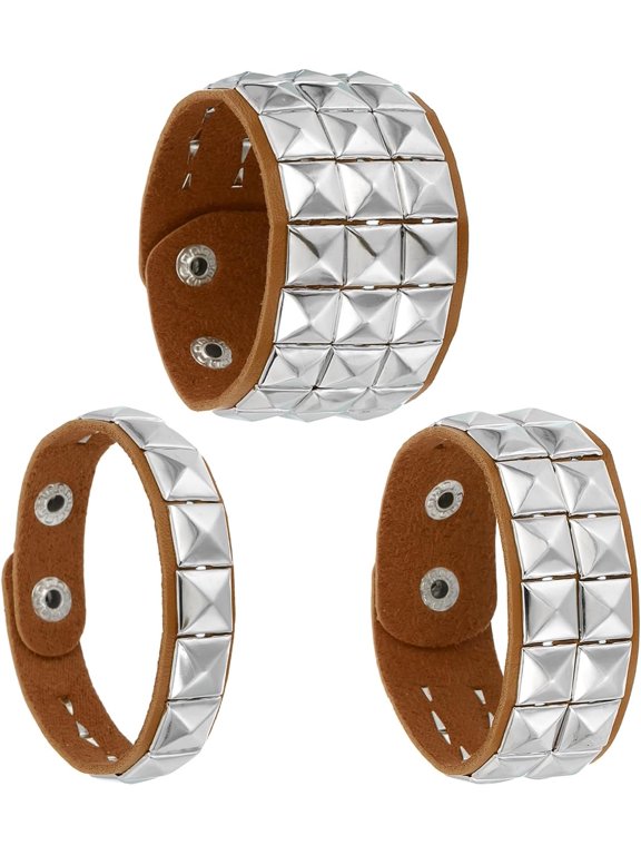 3 Pcs Leather Punk Bracelet 8.7"/22cm Square Rivets Goth Bracelet, Light Brown -