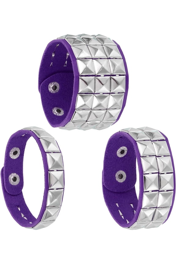 3 Pcs Leather Punk Bracelet 8.7"/22cm Square Rivets Goth Bracelet, Purple -
