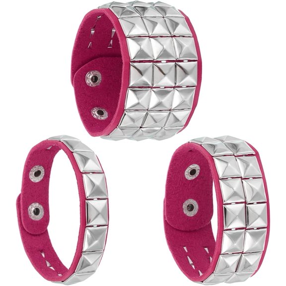 3 Pcs Leather Punk Bracelet 8.7"/22cm Square Rivets Goth Bracelet, Rose Red -