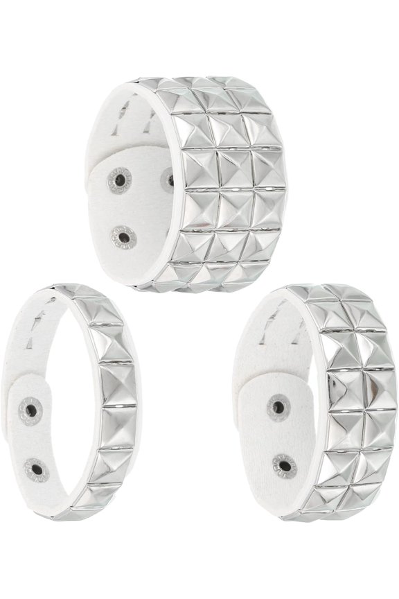 3 Pcs Leather Punk Bracelet 8.7"/22cm Square Rivets Goth Bracelet, White -