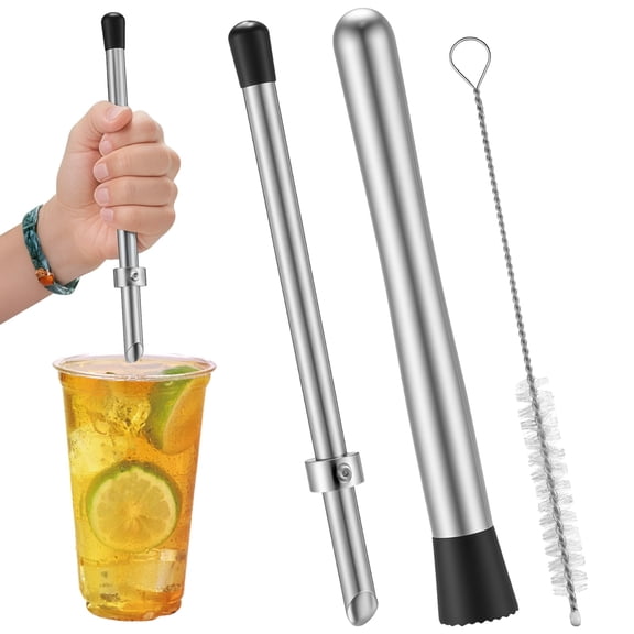 3 Pcs Lemonade Tools Set, Stainless Steel Straw Puncher for Plastic Lids, Muddler for Drinks, Lemon Masher with Cleaning Brush for Home Bar & Lemonade Stand