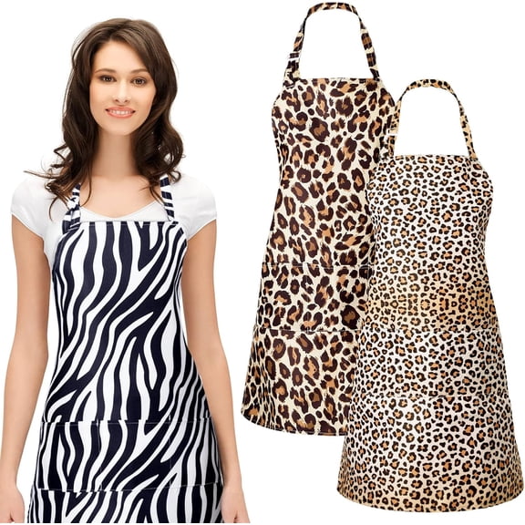 3 Pcs Leopard Print Cosmetology Aprons 27 x 25 inch Animal Leopard Zebra Print Hairdresser Apron Waitress Server Aprons with 3 Pockets Waterproof Apron for Hair Stylist Nail Tech Makeup Artist