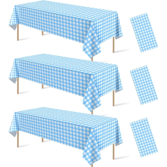 3 Pcs Light Blue Gingham Tablecloth Decorations, Disposable Plastic Blue Checkered Tablecloth Buffalo Plaid Table Cover for Outdoor Picnic, Kitchen, Holiday Birthday Party Supplies,54 x 108 Inch