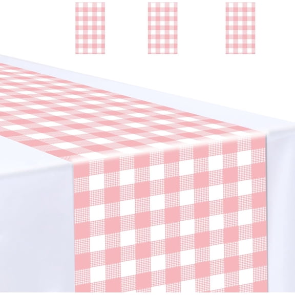 3 Pcs Light Pink and White Checkered Table Runner Plastic 14 x 108 Disposable Baby Pink Gingham Table Runner for Birthday Wedding Baby Shower Party Table Centerpiece Decorations