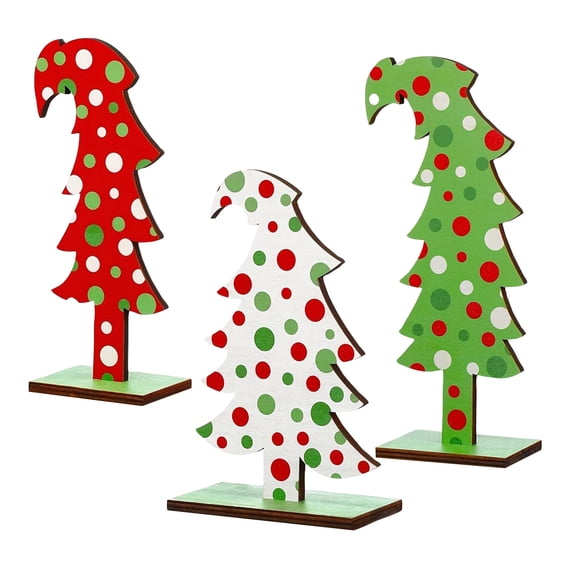 3 Pcs Lime Green Wood Christmas Tree Tabletop Bendable Christmas Tree, 3 Sizes Wooden Christmas Tree Sign Farmhouse Standing with Rectangular Base for Home Office Tabletop Decorations (Polka Dot)
