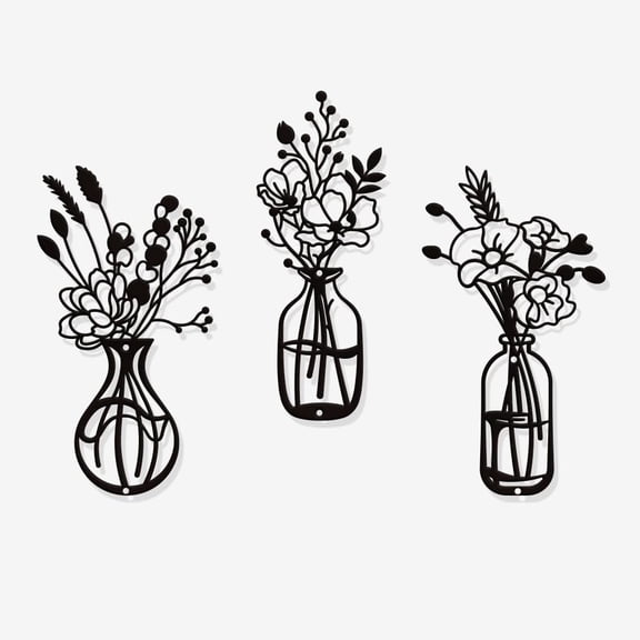 3 Pcs Lines Vase Metal Wall Decor 3 Styles Iron Floral Vase Wall Decor Home Hanging Metal Flower Wall Decor Sign Metal Wall Sculptures for Bedroom Living Room Black Mixed Color 1set