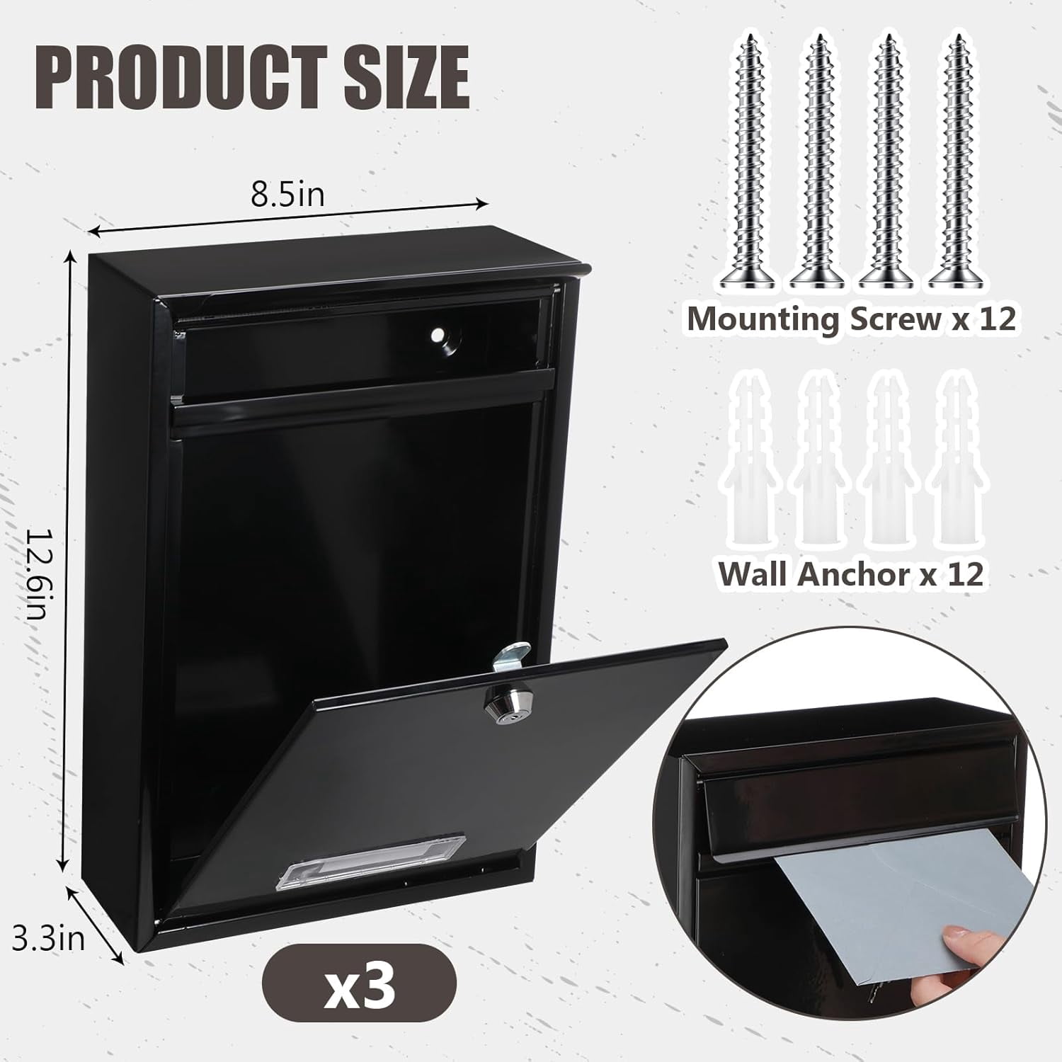 3 Pcs Locking Mailboxes Wall Mounted, 12.6 x 8.5 x 3.3 in Vertical  Drop Box Metal Rust-Proof Post Box for Home Office