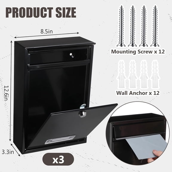 3 Pcs Locking Mailboxes Wall Mounted, 12.6 x 8.5 x 3.3 in Vertical  Drop Box Metal Rust-Proof Post Box for Home Office