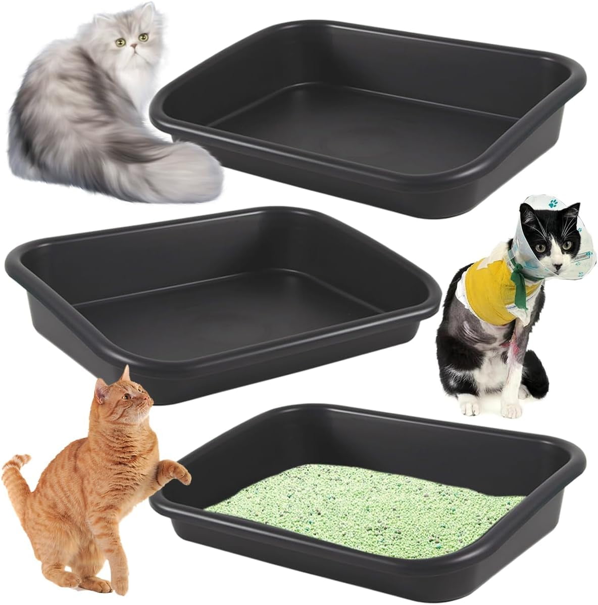 3 Pcs Low Entry Senior Cat Litter Box,Extra Large Size Pet Litter Box
