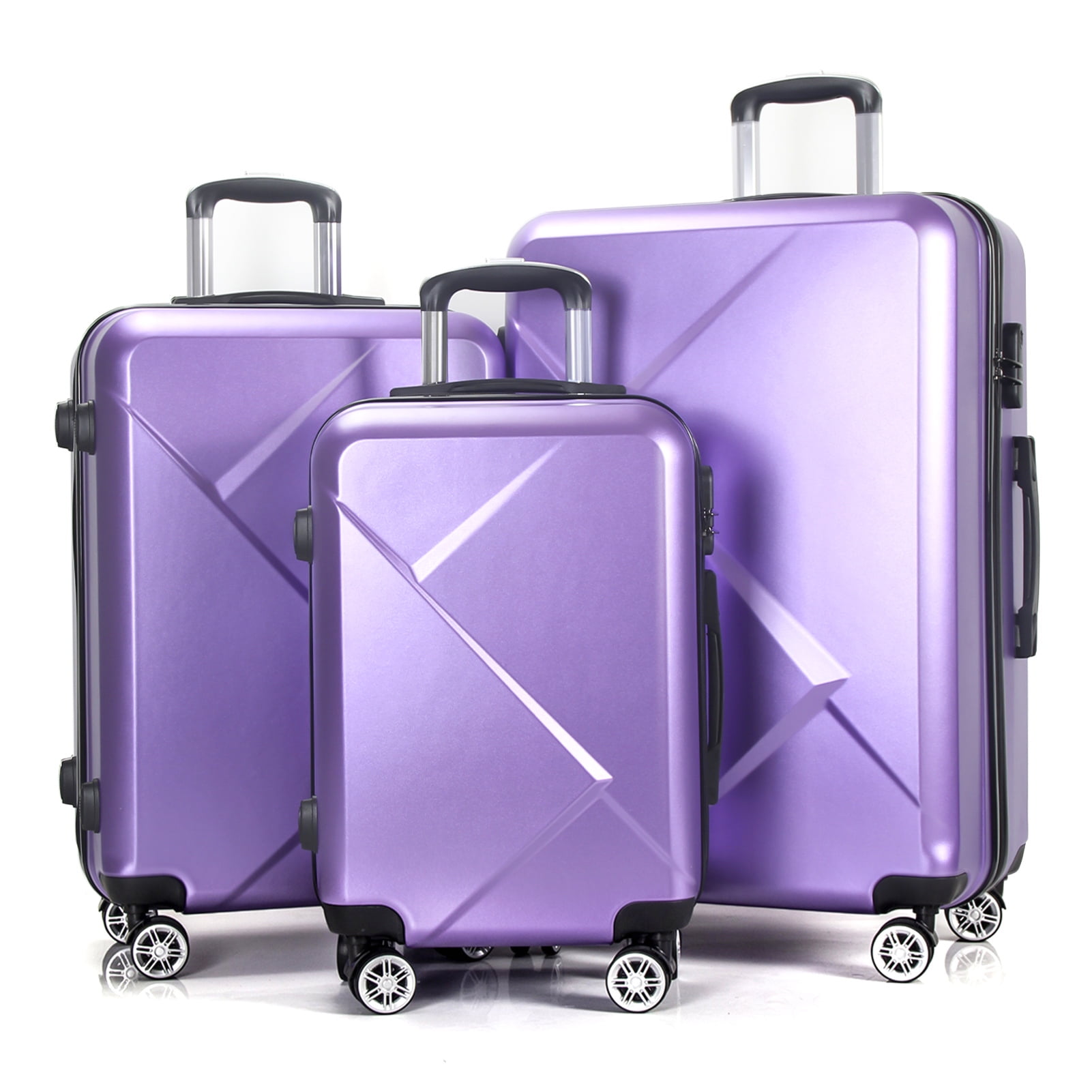 A stack of three different multi-colored detailed suitcases for things with  stickers. A blue new case, an orange leather vintage valise, and a cute  purple handbag. Elements for travel and vacation 22783324