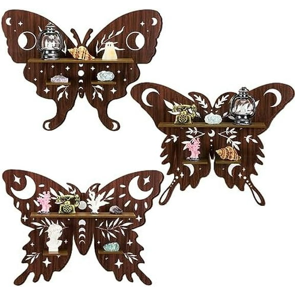 3 Pcs Luna Moth Crystal Shelf Display Boho Wood Wall Floating Shelves Butterfly Heart Crystal Shelf Moon Decor for Gem Stone Essential Oil Storage Witchy Home Rustic Decor (Butterfly)