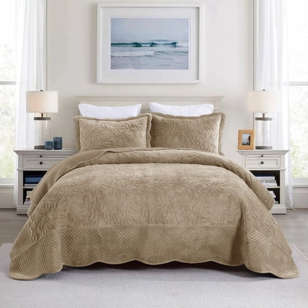 3 Pcs Luxury Velvet Oversized Embroidery Quilted Quilt Set Soft and Plush Bedding Set Includes Quilt and Shams All-Season Comforter