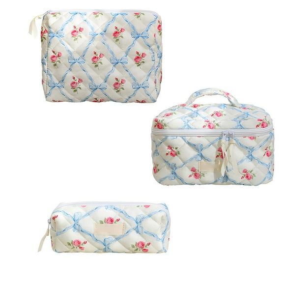 3 Pcs Makeup Bags, Cute Flower Printed Quilted Cotton Cosmetic Bags with Zipper, 3 Sizes Makeup Pouch Travel Toiletry Bag Set for Women Girls Beauty Makeup Cosmetic Storage Organizer