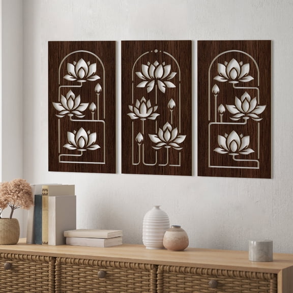3 Pcs Mandala Wall Art Wood Lotus Flower Wall Decor Brown Lotus Carved Wood Wall Art Beautiful Floral Wall Art Plant Theme Wooden Hanging Artwork for Living Room Yoga Room Decor 8X16 Inch