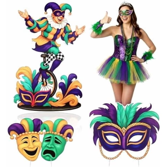3 Pcs Mardi Gras Decorations 43.3" Large Mardi Gras Jester Stand Up Carnival Comedy Tragedy Face Purple Green Gold Float Mask for New Orleans Masquerade Outdoor Parade Photo Booth Decor