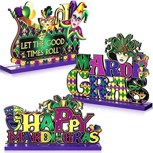 3 Pcs Mardi Gras Table Decoration Signs Mardi Gras Table Centerpieces Let The Good Times Roll Sign Wooden Masquerade Decorations for Dinner Party New Orleans Style Party(Classic)