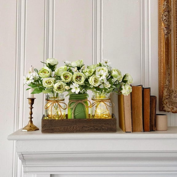 3 Pcs Mason Jar Centerpiece Table Decorations for Dining Table Decor Farmhouse Coffee Table Decor with Wood Tray and Led Light Table Centerpieces for Dining room Kitchen Living Bathroom,Orange