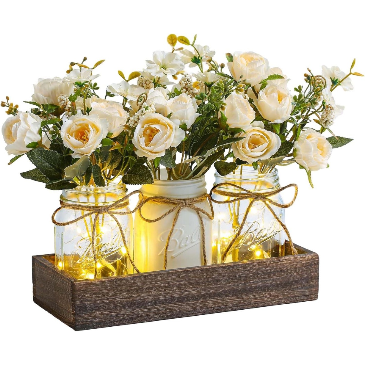 3 Pcs Mason Jar Centerpiece Table Decorations Fake Flowers Artificial Blue Flowers Rustic Spring Centerpieces Decor with Wood Tray and Light Table Decorations for Home Kitchen Living Room