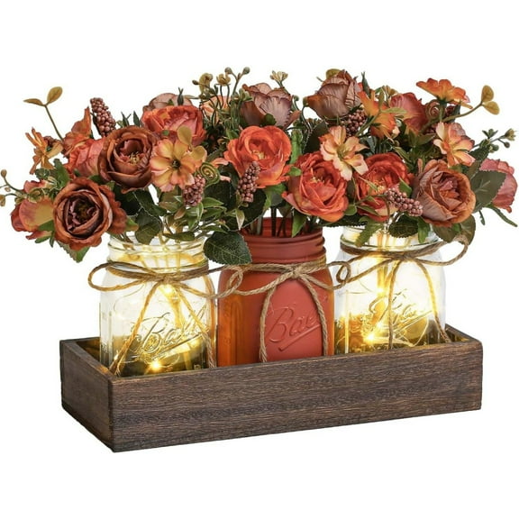 3 Pcs Mason Jar Centerpiece Table Decorations Fake Flowers Artificial Blue Flowers Rustic Spring Centerpieces Decor with Wood Tray and Light Table Decorations for Home Kitchen Living Room