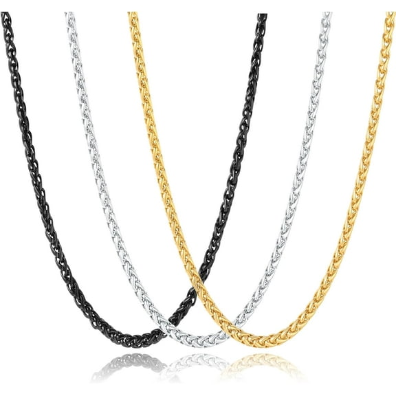 3 Pcs Men Women Chain Necklace, 4mm Stainless Steel Gold Black and Silver Wheat Chains, 18"/22"/26"/30 Inches