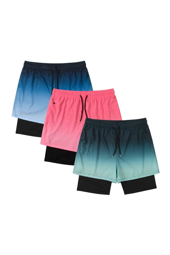 3 Pcs Men's 2 in 1 Running Shorts with Pockets Quick Dry Athletic Workout Shorts Light Blue Pink Green Size 2XL