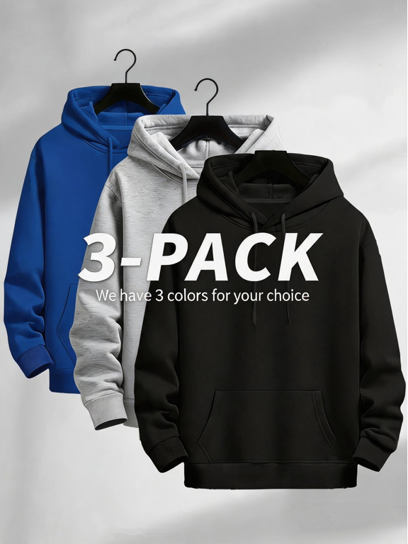 3-Pcs Men's Hooded Long Sleeve Active Tops, Quick Dry Compression Baselayer Rash Guard Workout Tees
