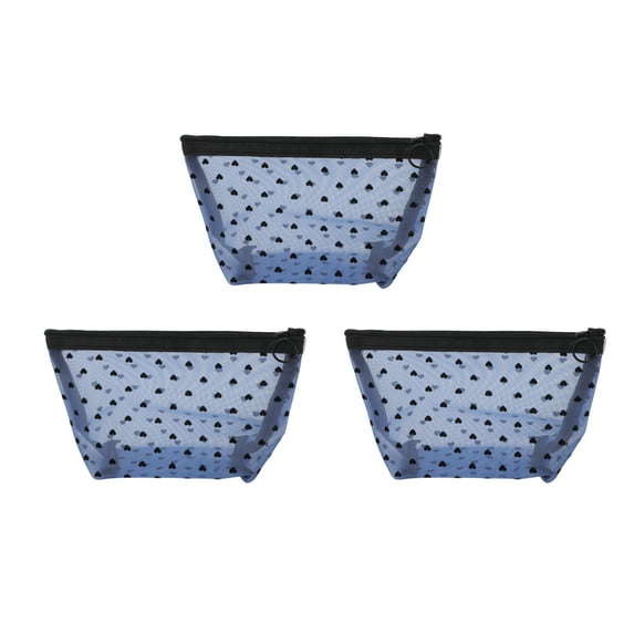 3 Pcs Mesh Flocking Heart Pattern Makeup Bag for Vacation Business Travel Blue Mesh Fabric