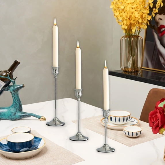 3 Pcs Metal Candlestick Holders, Metal Taper Candle Holders for Table Decor, Vintage Decorative Tall Candle Stick Holder for Wedding Centerpieces Christmas Holiday Dinning Table Decor (Silver)