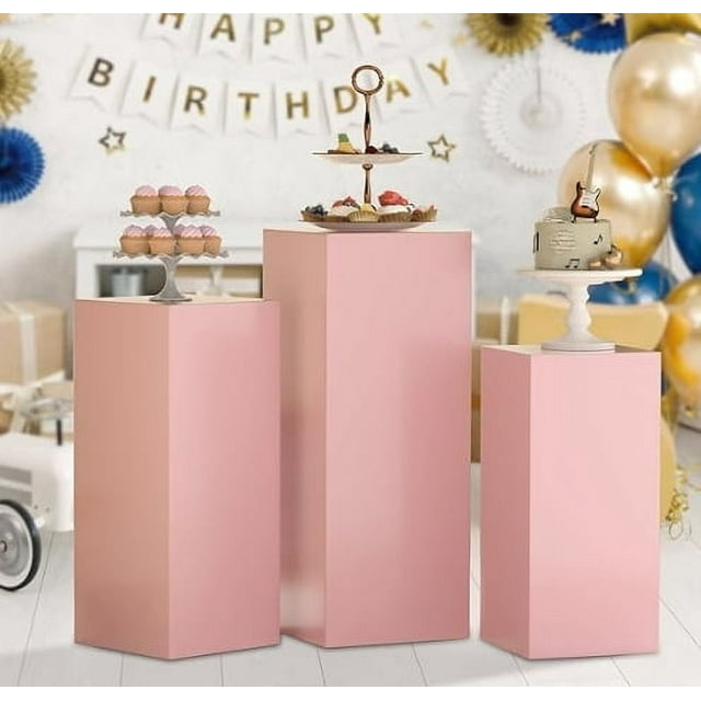 3 Pcs Metal Display Pedestal Stands for Parties, Heavy Duty Rigid Material Square Display Tables for Party Dinner Wedding Birthday Cake Dessert Placement, Decoration Display Stand, Pink