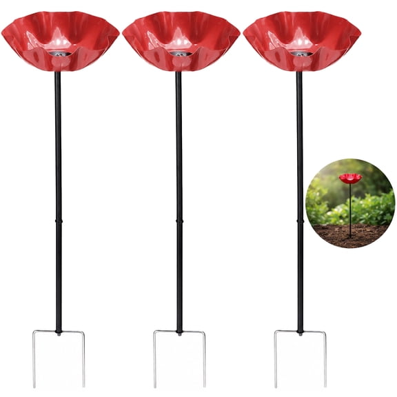 3 Pcs Metal Flower Garden Stake Bird Bath, 5.5 in Red Flower Bee Watering Station and Butterfly Feeder, Weather-Resistant Alloy Outdoor Yard Decor for Garden Lawn Patio Ornaments