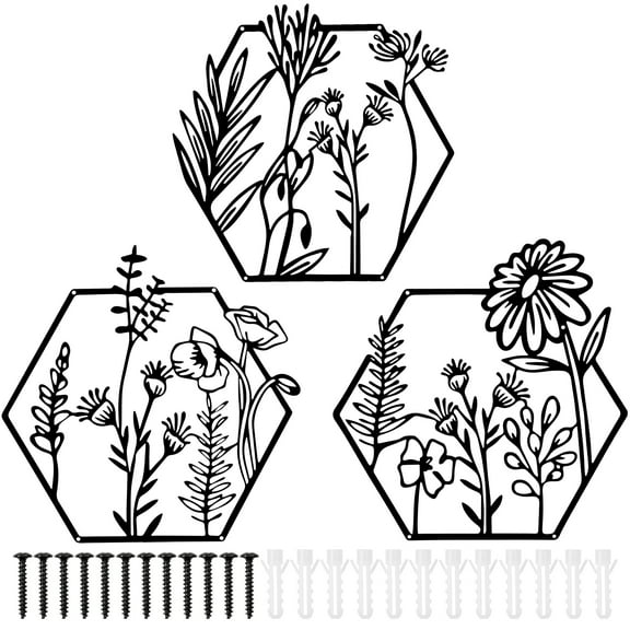 3 Pcs Metal Flower Wall Art, Farmhouse Wall Decor Minimalist Floral Wall Hanging Decor Meta Flower Art for Living Room Bathroom Kitchen Indoor Outdoor(Black)