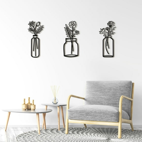 3 Pcs Metal Flower Wall Décor,Morden Minimalist Wall Sculptures Hanging for Living Room Bedroom Hallway Dining Room,Black