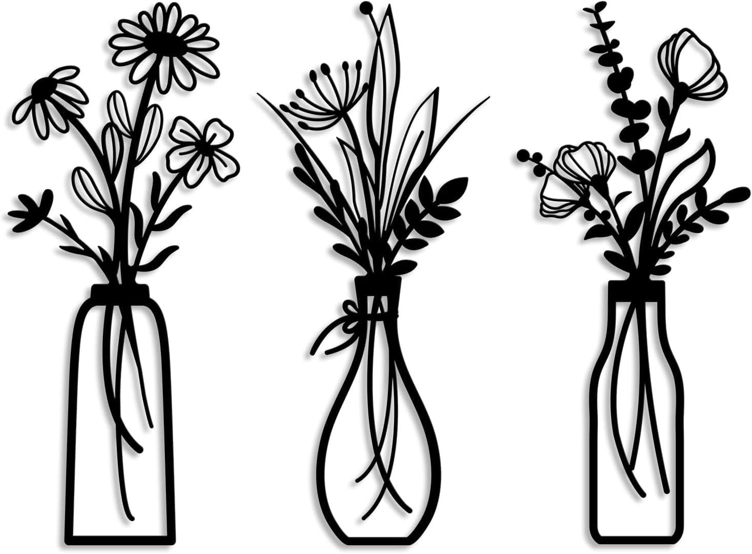 3 Pcs Metal Flower Wall Decor, Vase Wall Art Home Decor for Living Room Bathroom Bedroom, Black