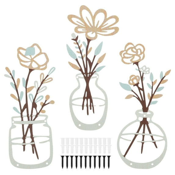 3 Pcs Metal Flowers Wall Arts - Rustic Farmhouse Decor Beige Minimalist Flower Wall Decors 14x7.48