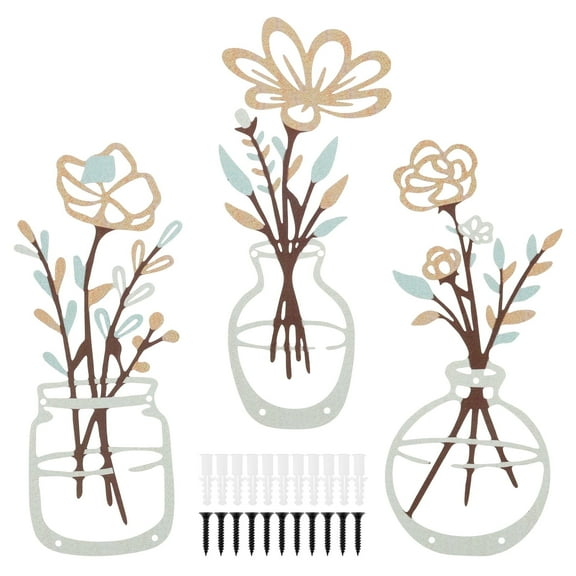 3 Pcs Metal Flowers Wall Arts - Rustic Farmhouse Decor Beige Minimalist Flower Wall Decors 14x7.48