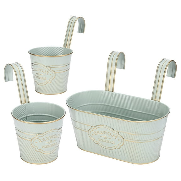 3 Pcs Metal Hanging Flower Pots for Railing Fence, Galvanized Steel Hanging Bucket Pots, Countryside Style Window Plant Holder with Detachable Hooks,Home Decoration Flower Holders, White