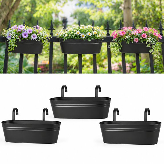 3 Pack Metal Railing Planter Boxes with Detachable Hooks, Outdoor Hanging Rectangular Plant Troughs for Balcony, Fence & Desktop Decor