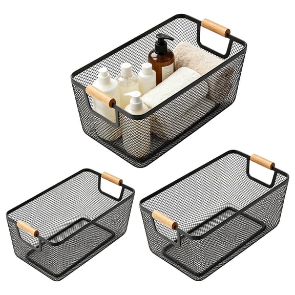 3 Pack Metal Mesh Storage Baskets  Rectangle Wire Organizer Bins with Wood Handles, 3 Sizes Multifunctional Storage Containers for Kitchen Cabinet, Pantry & Closet Organization, Black